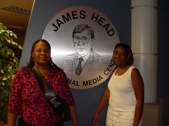Karen Wilburn and Venessa Dodson in front of the James Head Instructional Media Center